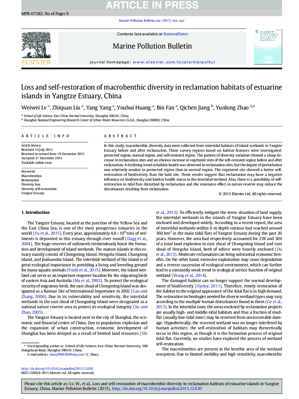 Loss and self-restoration of macrobenthic diversity in reclamation habitats of estuarine islands in Yangtze Estuary, China