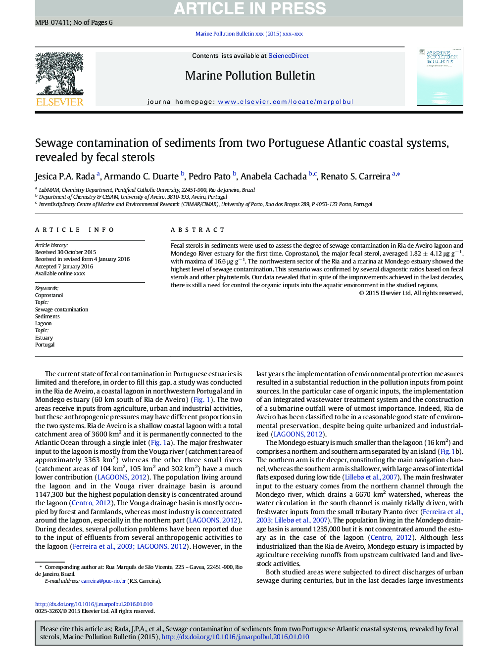 Sewage contamination of sediments from two Portuguese Atlantic coastal systems, revealed by fecal sterols