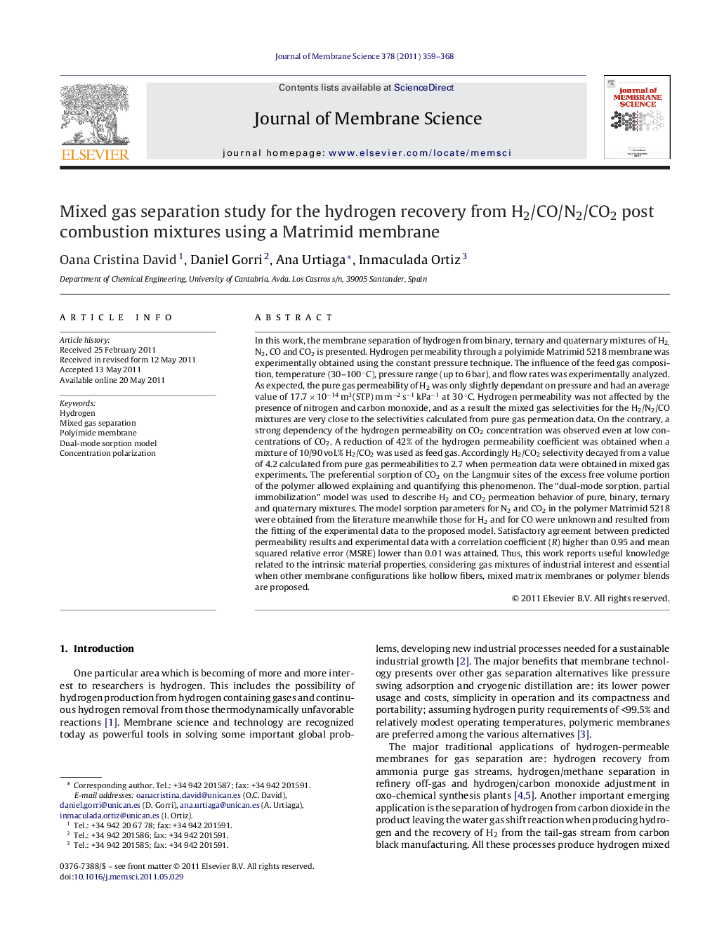 Mixed gas separation study for the hydrogen recovery from H2/CO/N2/CO2 post combustion mixtures using a Matrimid membrane