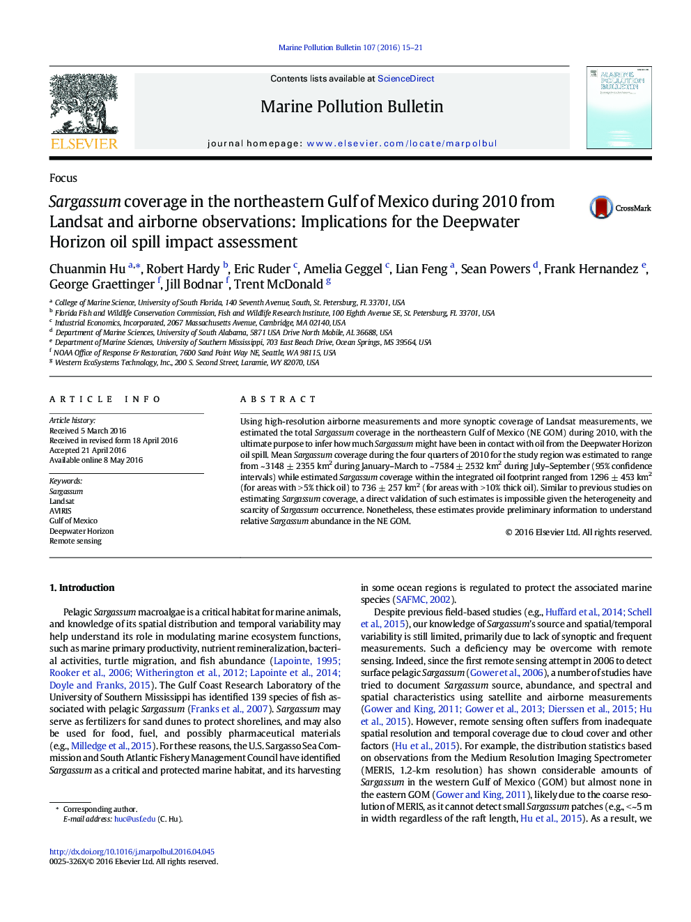 FocusSargassum coverage in the northeastern Gulf of Mexico during 2010 from Landsat and airborne observations: Implications for the Deepwater Horizon oil spill impact assessment