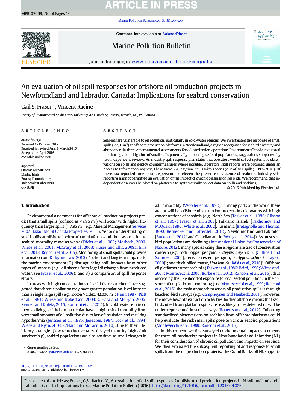 An evaluation of oil spill responses for offshore oil production projects in Newfoundland and Labrador, Canada: Implications for seabird conservation