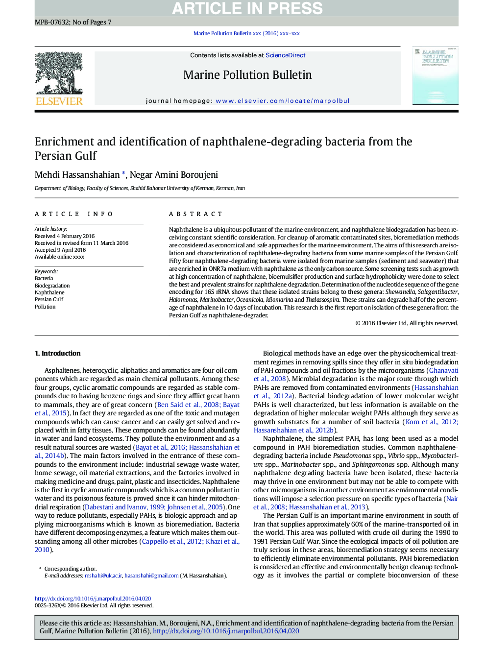 Enrichment and identification of naphthalene-degrading bacteria from the Persian Gulf