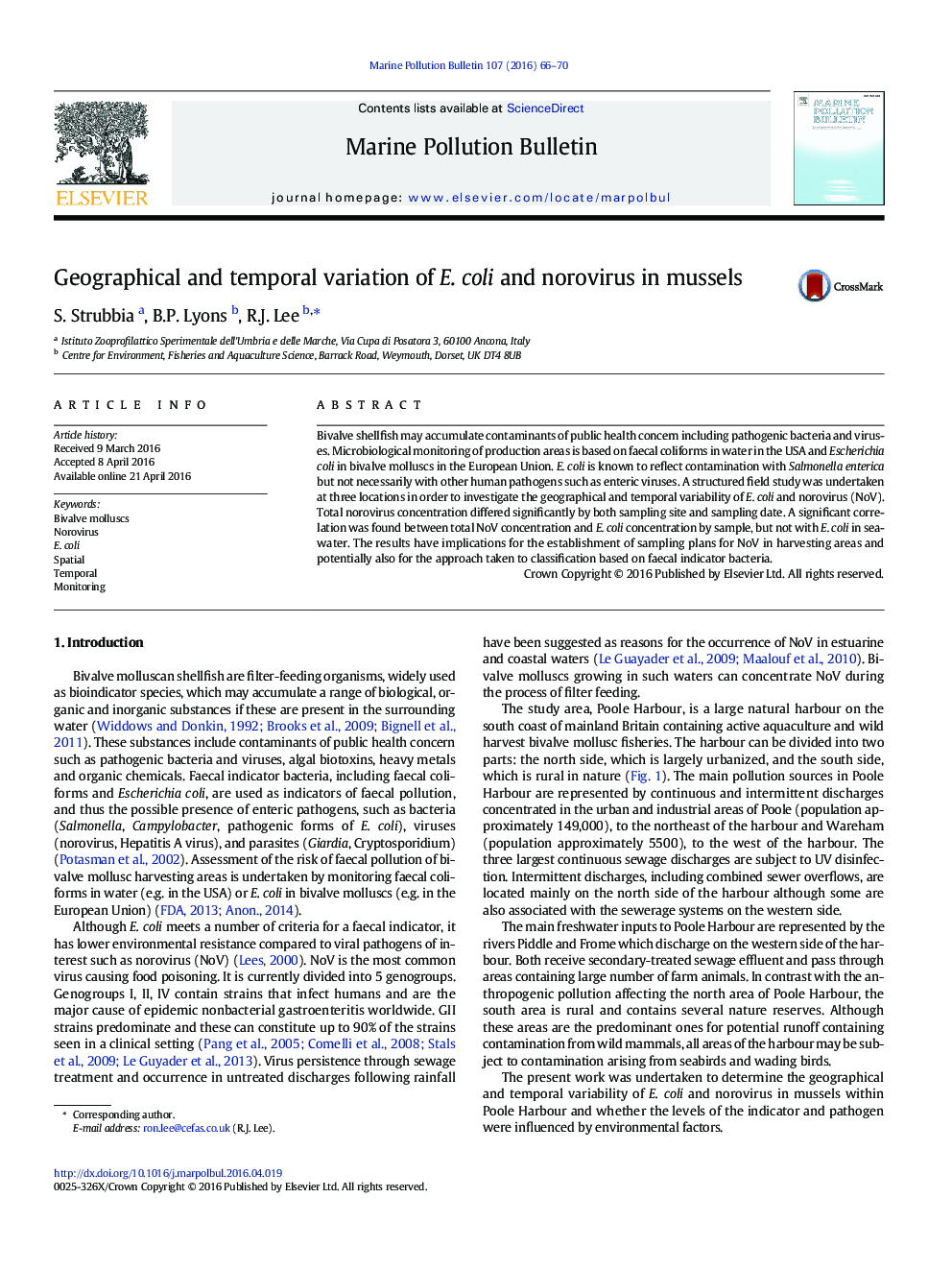 Geographical and temporal variation of E. coli and norovirus in mussels