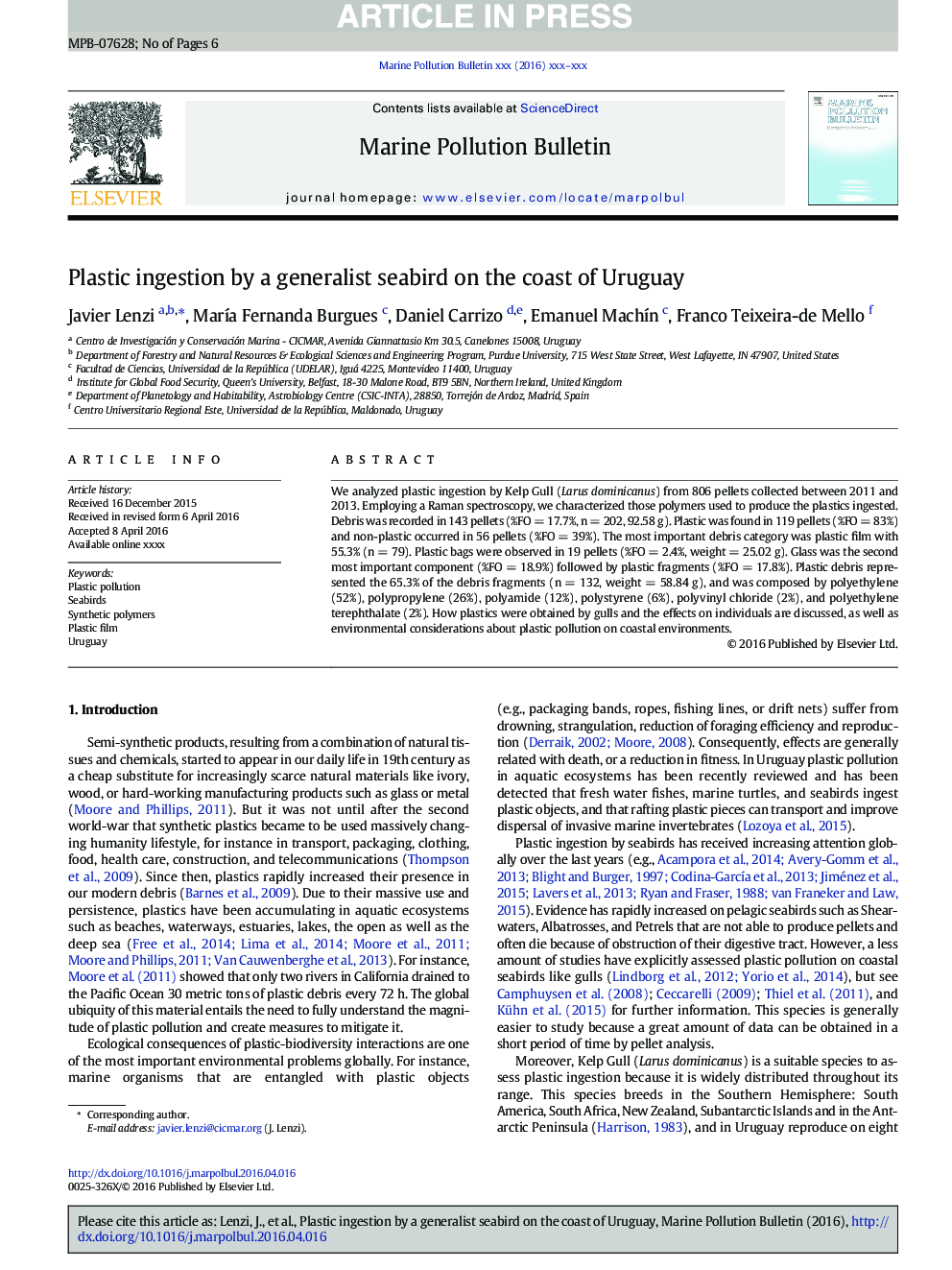 Plastic ingestion by a generalist seabird on the coast of Uruguay