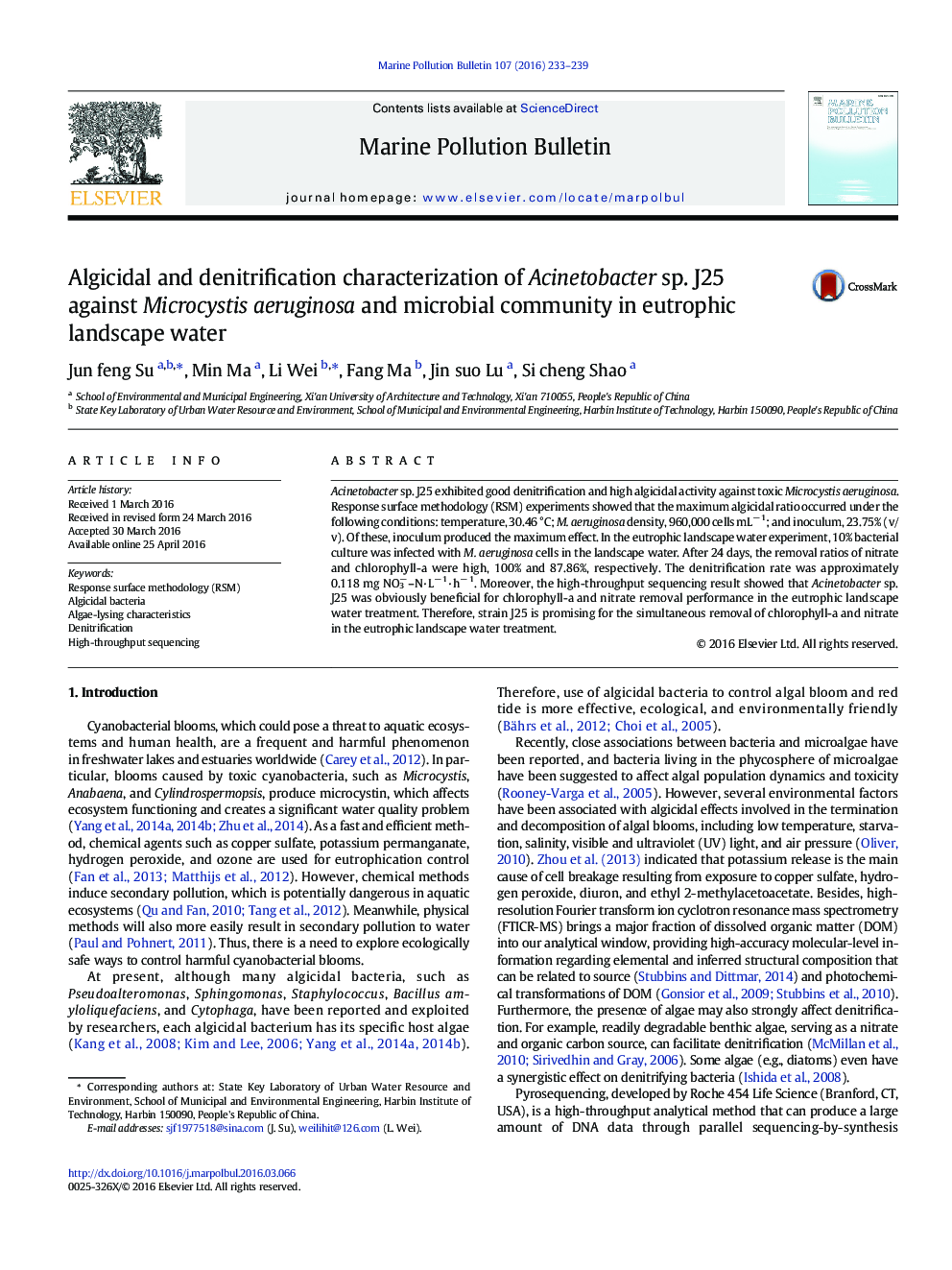 Algicidal and denitrification characterization of Acinetobacter sp. J25 against Microcystis aeruginosa and microbial community in eutrophic landscape water