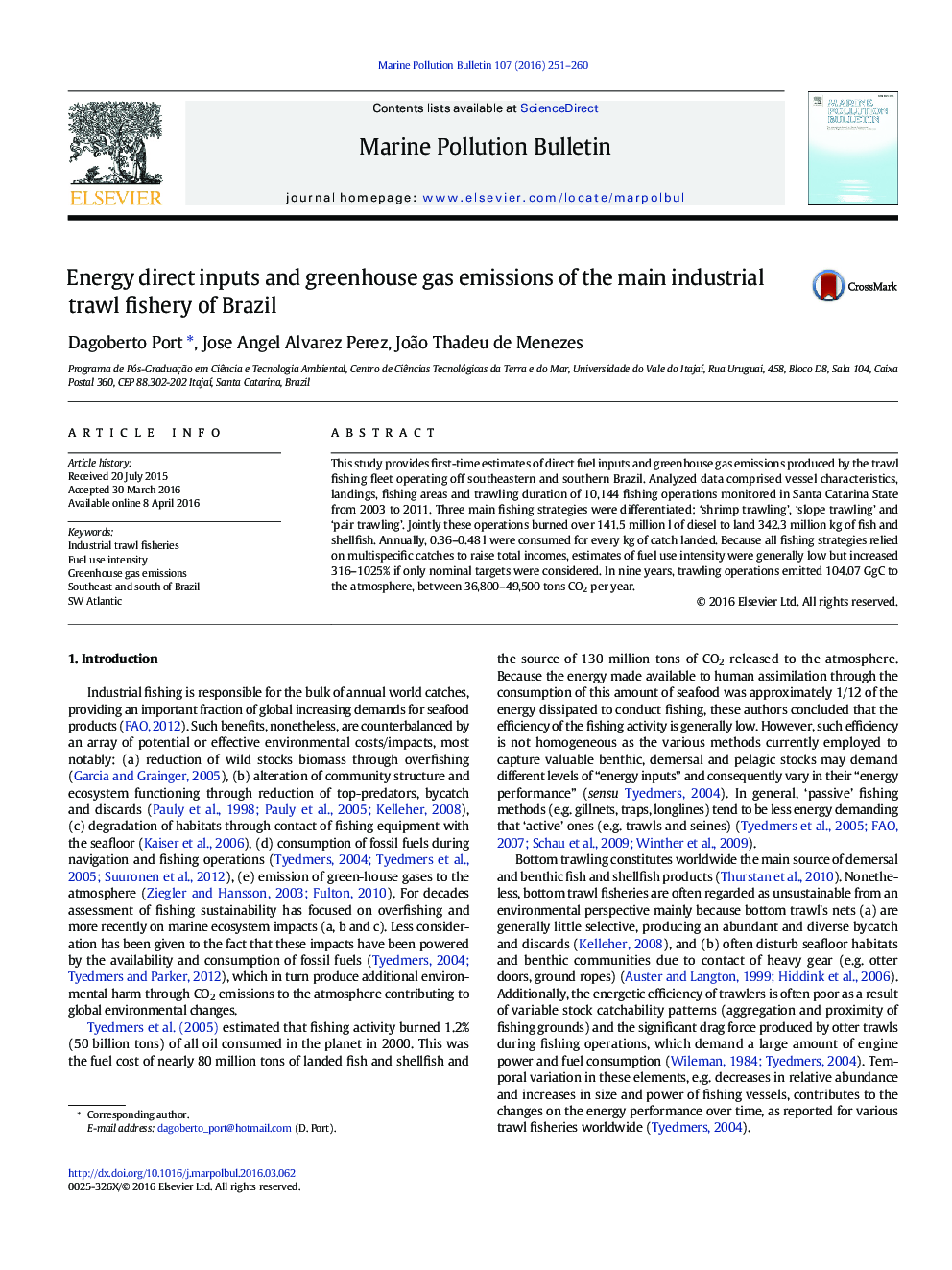 Energy direct inputs and greenhouse gas emissions of the main industrial trawl fishery of Brazil