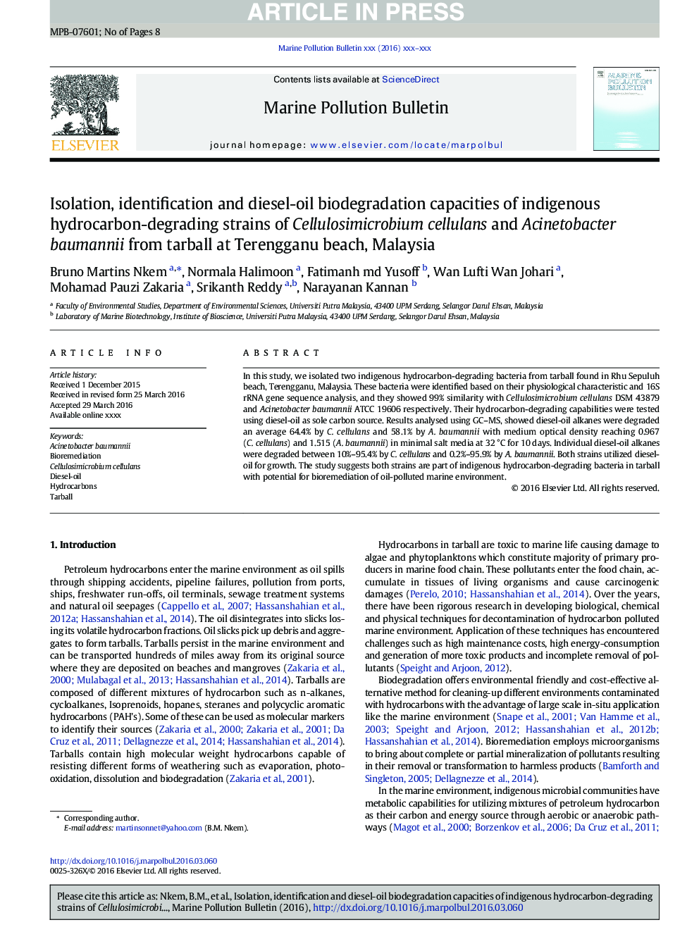 Isolation, identification and diesel-oil biodegradation capacities of indigenous hydrocarbon-degrading strains of Cellulosimicrobium cellulans and Acinetobacter baumannii from tarball at Terengganu beach, Malaysia