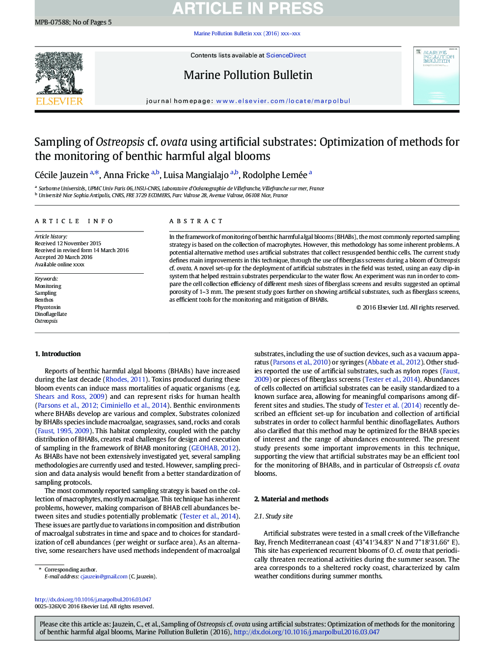 Sampling of Ostreopsis cf. ovata using artificial substrates: Optimization of methods for the monitoring of benthic harmful algal blooms