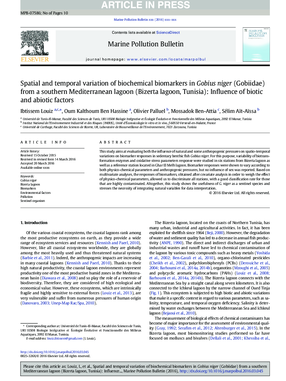 Spatial and temporal variation of biochemical biomarkers in Gobius niger (Gobiidae) from a southern Mediterranean lagoon (Bizerta lagoon, Tunisia): Influence of biotic and abiotic factors