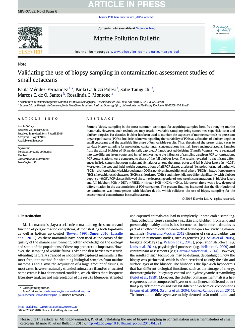 Validating the use of biopsy sampling in contamination assessment studies of small cetaceans