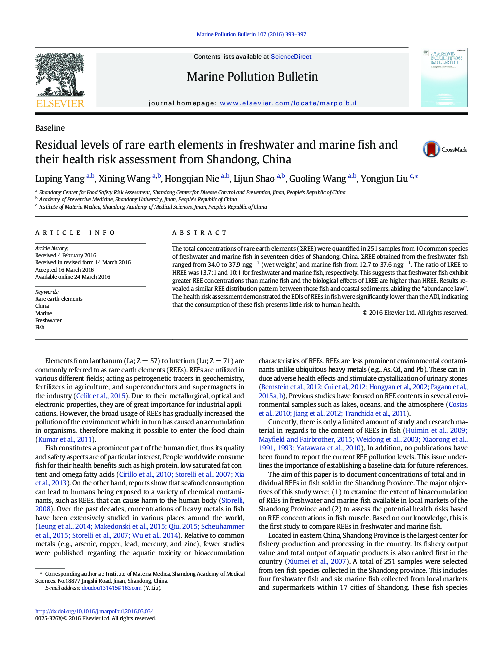 Residual levels of rare earth elements in freshwater and marine fish and their health risk assessment from Shandong, China