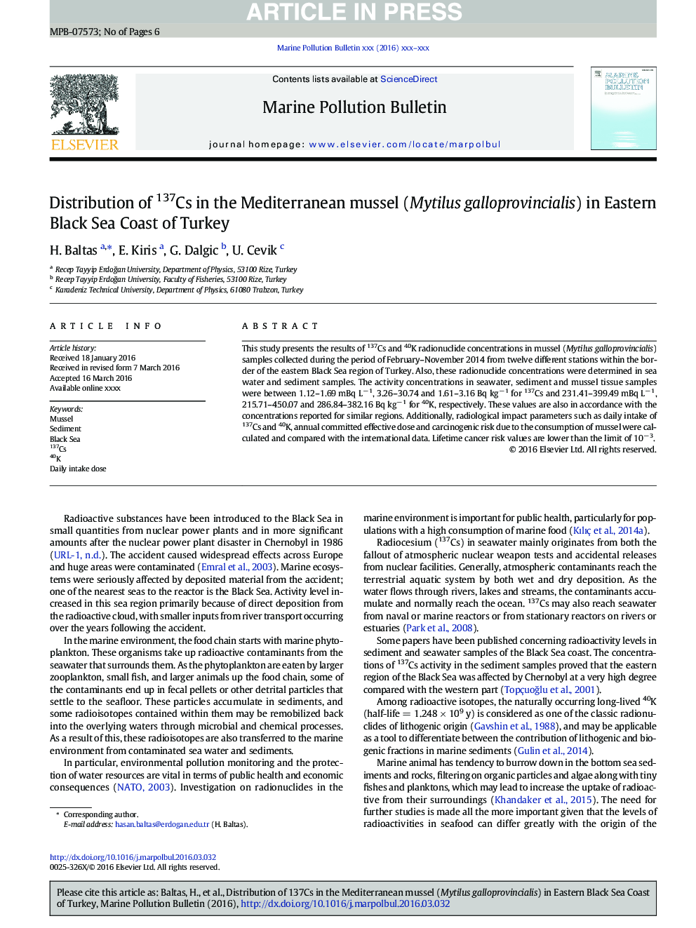 Distribution of 137Cs in the Mediterranean mussel (Mytilus galloprovincialis) in Eastern Black Sea Coast of Turkey