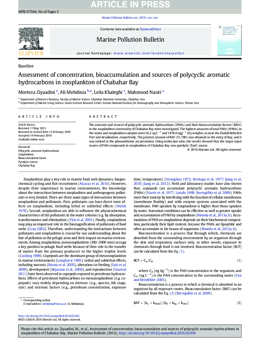 Assessment of concentration, bioaccumulation and sources of polycyclic aromatic hydrocarbons in zooplankton of Chabahar Bay