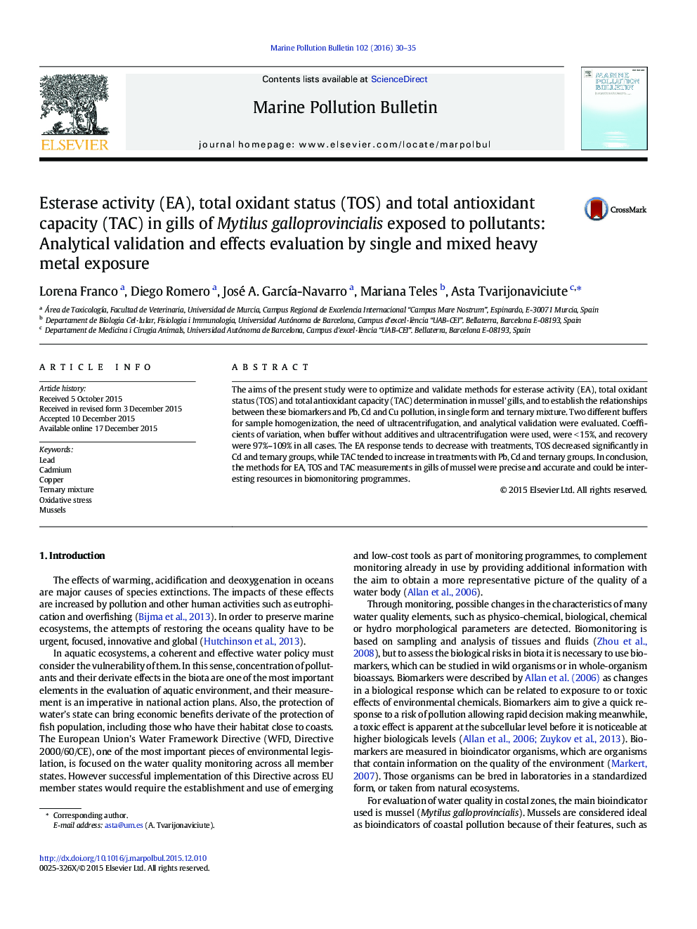 Esterase activity (EA), total oxidant status (TOS) and total antioxidant capacity (TAC) in gills of Mytilus galloprovincialis exposed to pollutants: Analytical validation and effects evaluation by single and mixed heavy metal exposure