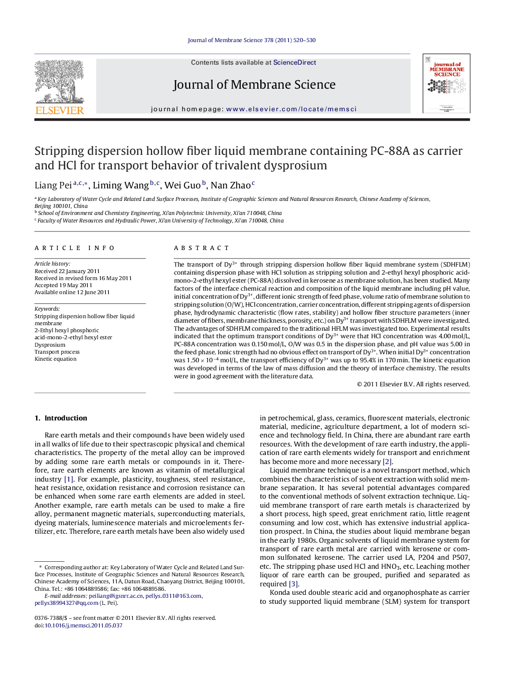 Stripping dispersion hollow fiber liquid membrane containing PC-88A as carrier and HCl for transport behavior of trivalent dysprosium