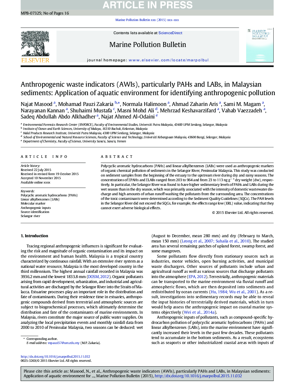 Anthropogenic waste indicators (AWIs), particularly PAHs and LABs, in Malaysian sediments: Application of aquatic environment for identifying anthropogenic pollution