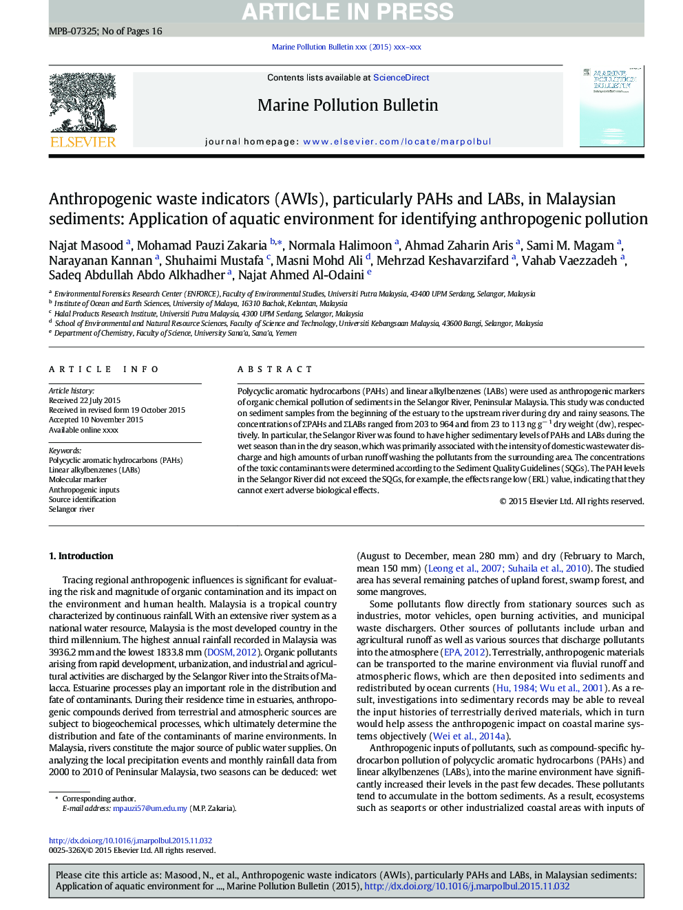 عکس صفحه اول مقاله: Anthropogenic waste indicators (AWIs), particularly PAHs and LABs, in Malaysian sediments: Application of aquatic environment for identifying anthropogenic pollution Anthropogenic waste indicators (AWIs), particularly PAHs and LABs, in Malaysian sediments: Application of aquatic environment for identifying anthropogenic pollution