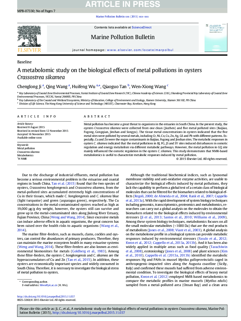 A metabolomic study on the biological effects of metal pollutions in oysters Crassostrea sikamea