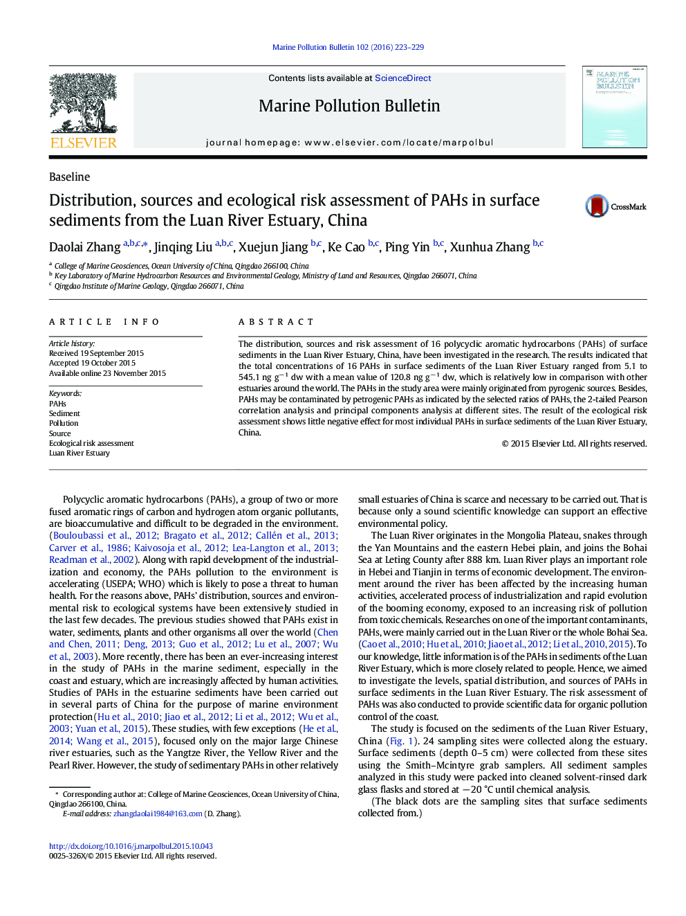 Distribution, sources and ecological risk assessment of PAHs in surface sediments from the Luan River Estuary, China