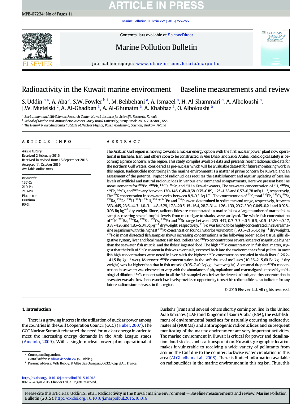 Radioactivity in the Kuwait marine environment - Baseline measurements and review