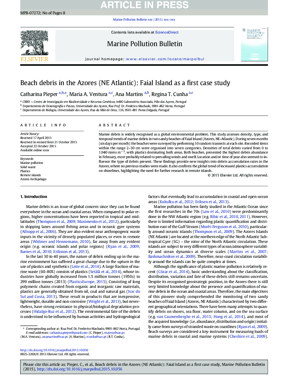 Beach debris in the Azores (NE Atlantic): Faial Island as a first case study