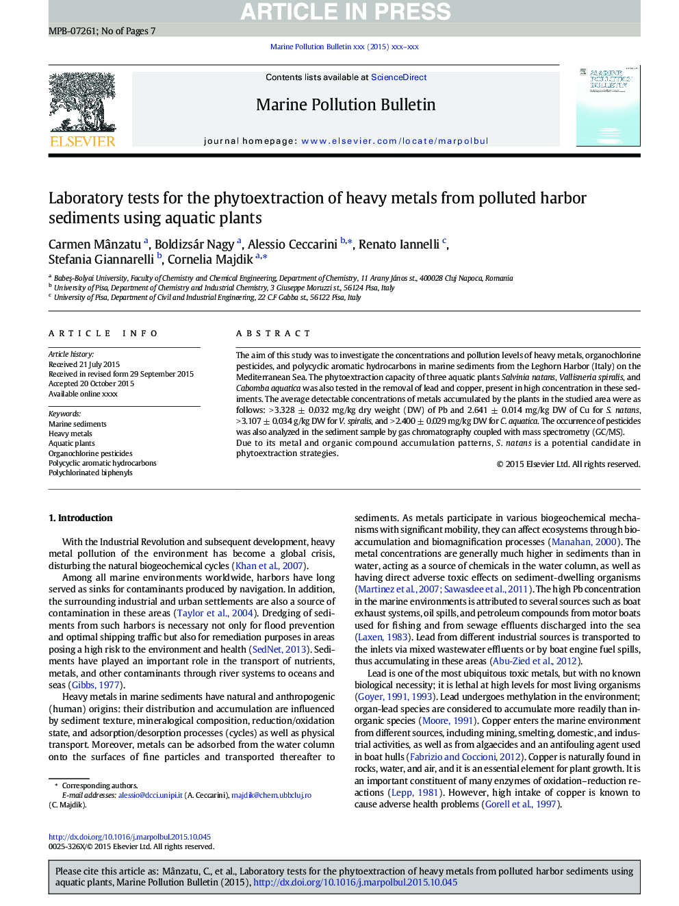 Laboratory tests for the phytoextraction of heavy metals from polluted harbor sediments using aquatic plants