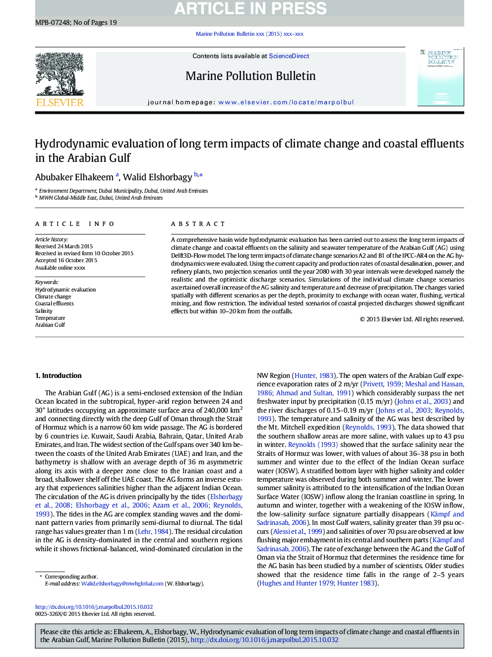 Hydrodynamic evaluation of long term impacts of climate change and coastal effluents in the Arabian Gulf