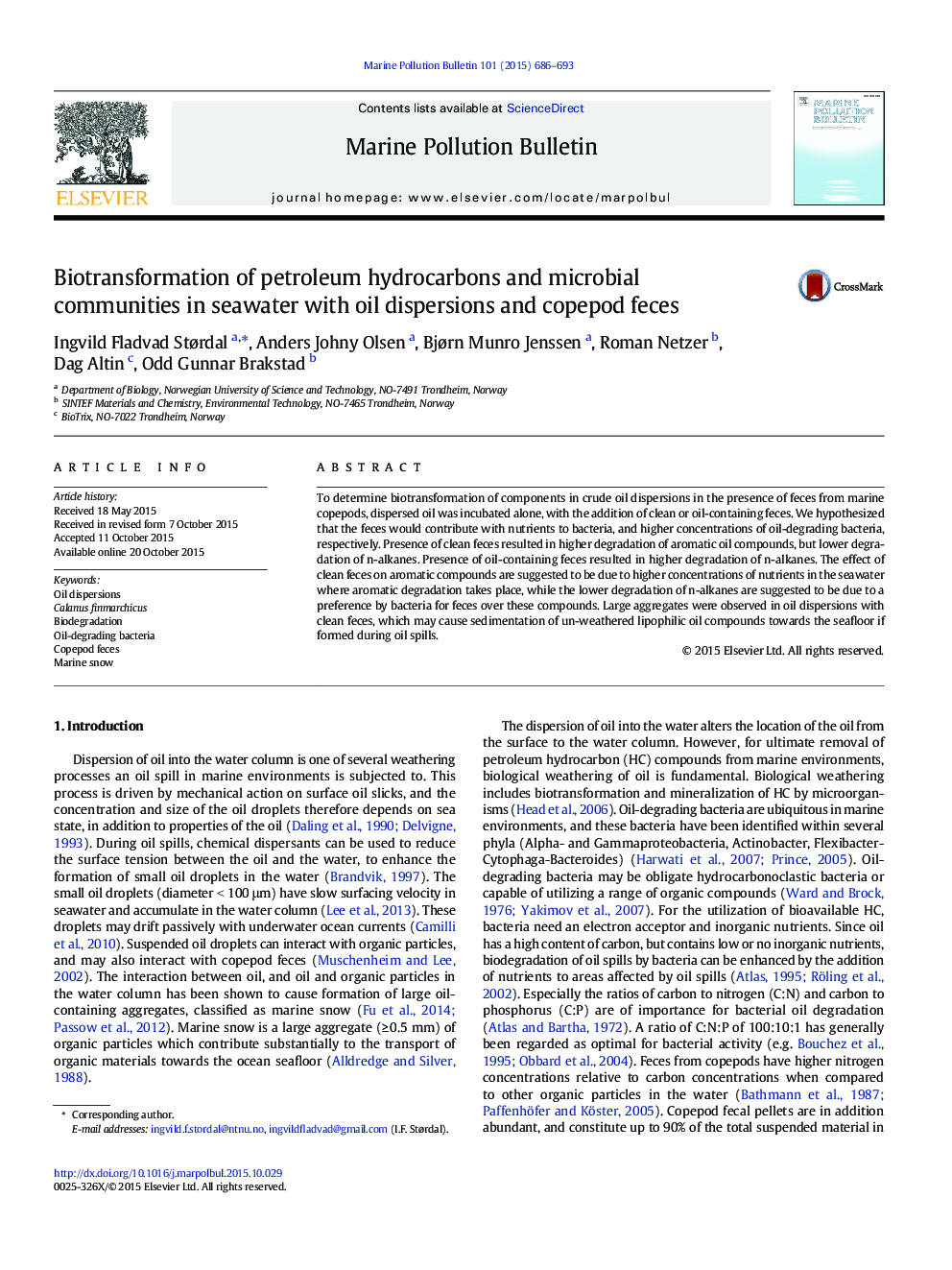 Biotransformation of petroleum hydrocarbons and microbial communities in seawater with oil dispersions and copepod feces