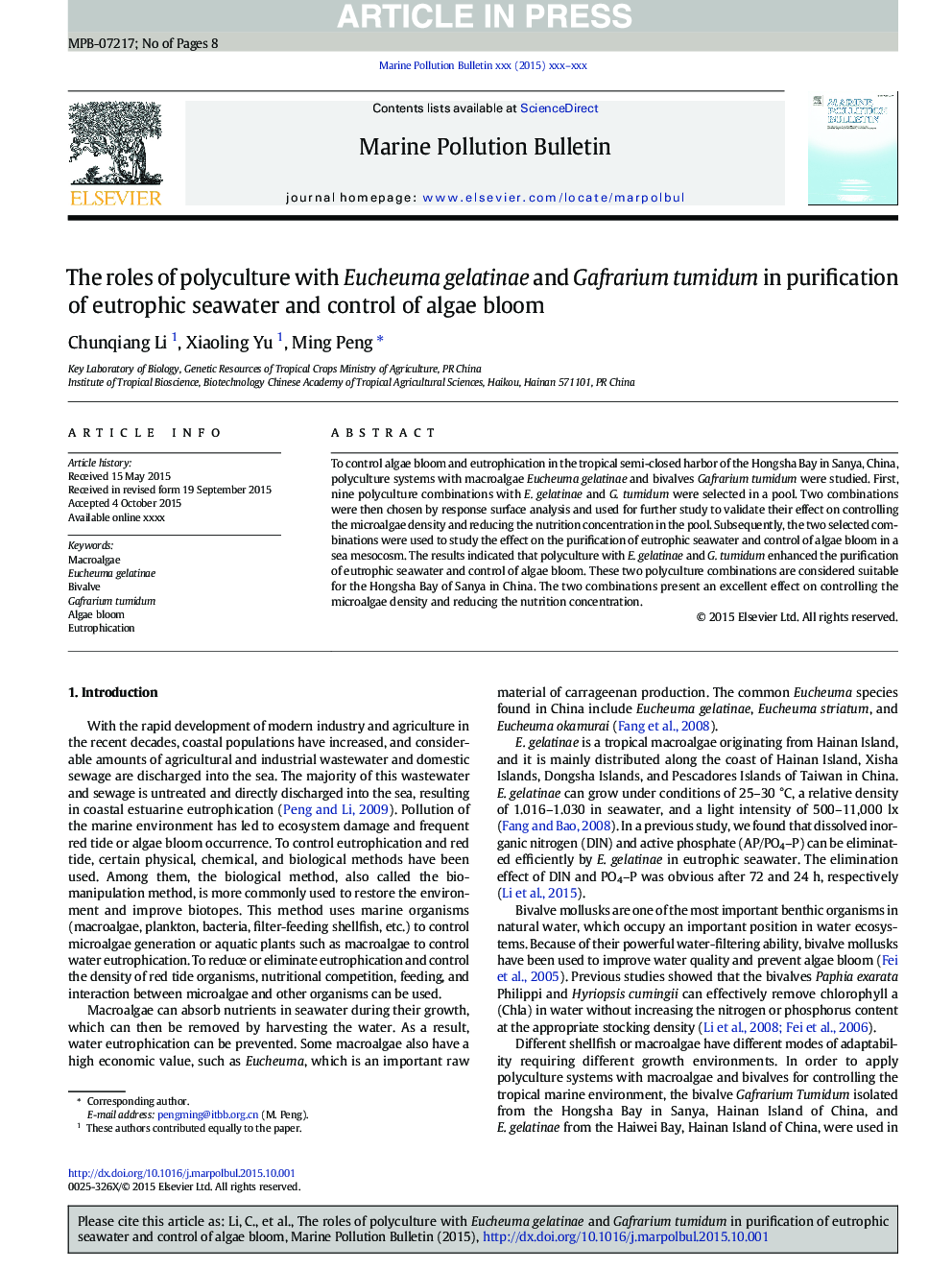 The roles of polyculture with Eucheuma gelatinae and Gafrarium tumidum in purification of eutrophic seawater and control of algae bloom