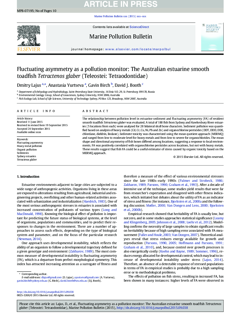 Fluctuating asymmetry as a pollution monitor: The Australian estuarine smooth toadfish Tetractenos glaber (Teleostei: Tetraodontidae)