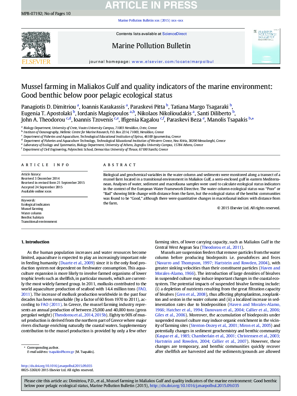 Mussel farming in Maliakos Gulf and quality indicators of the marine environment: Good benthic below poor pelagic ecological status