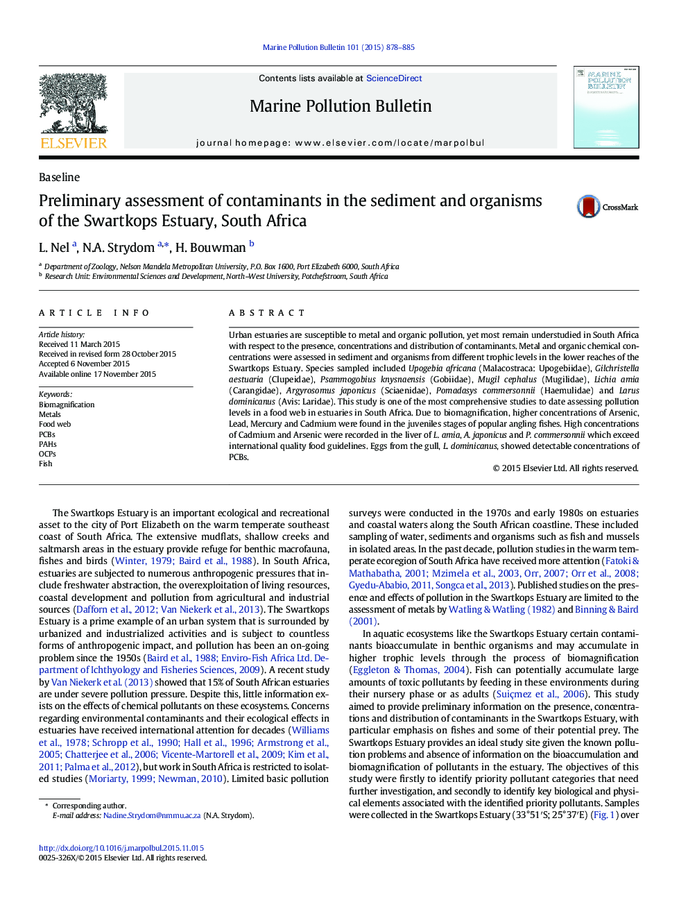 Preliminary assessment of contaminants in the sediment and organisms of the Swartkops Estuary, South Africa