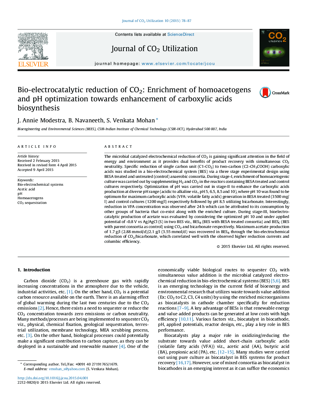 Bio-electrocatalytic reduction of CO2: Enrichment of homoacetogens and pH optimization towards enhancement of carboxylic acids biosynthesis