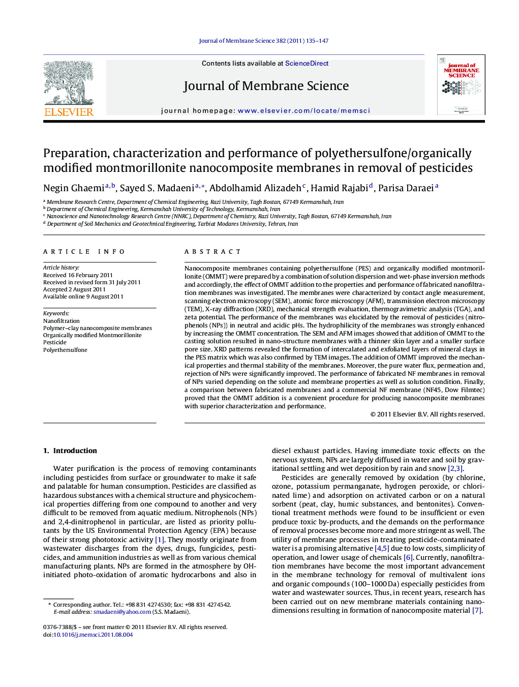 Preparation, characterization and performance of polyethersulfone/organically modified montmorillonite nanocomposite membranes in removal of pesticides