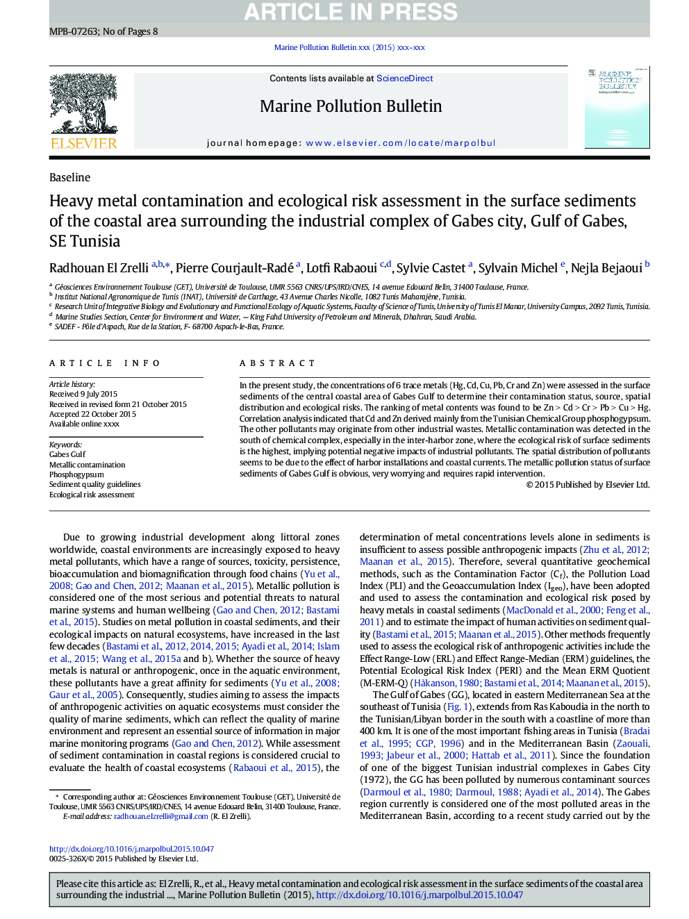 Heavy metal contamination and ecological risk assessment in the surface sediments of the coastal area surrounding the industrial complex of Gabes city, Gulf of Gabes, SE Tunisia