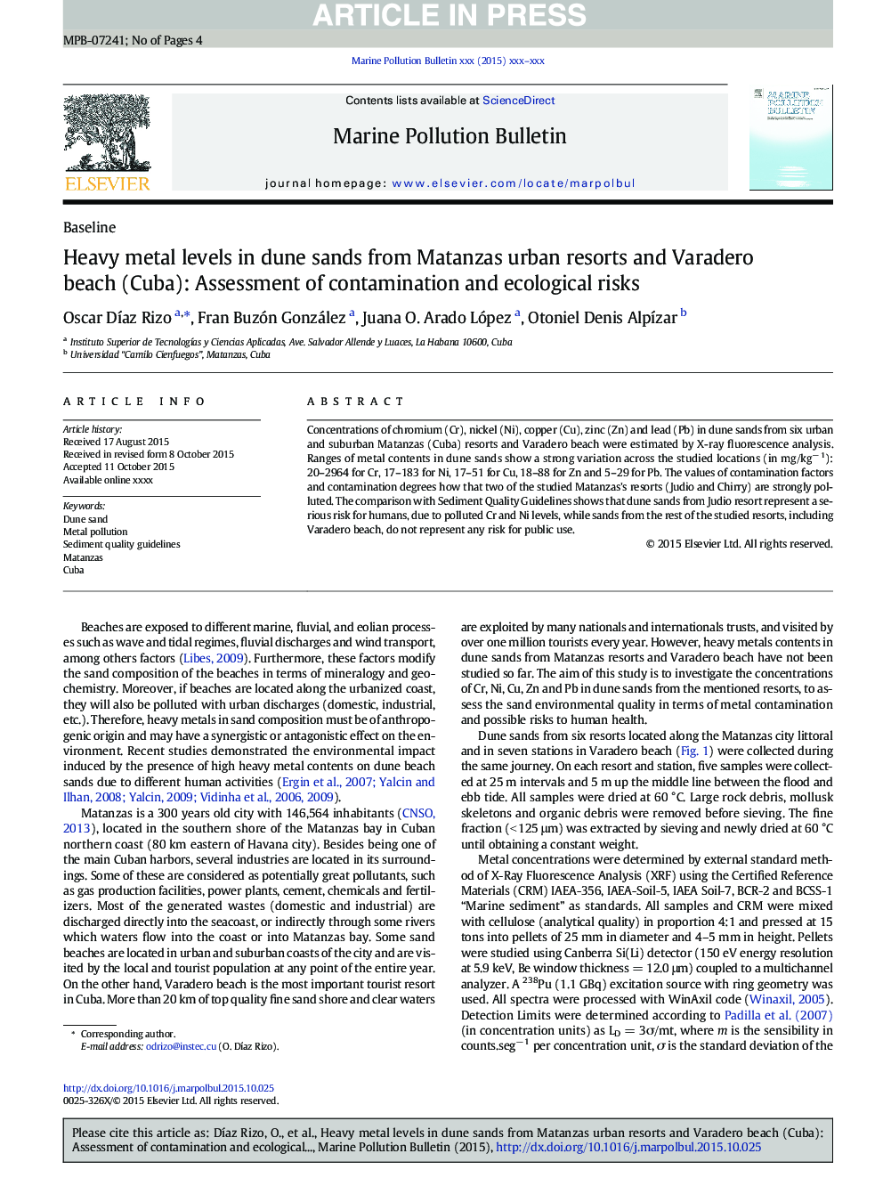 Heavy metal levels in dune sands from Matanzas urban resorts and Varadero beach (Cuba): Assessment of contamination and ecological risks