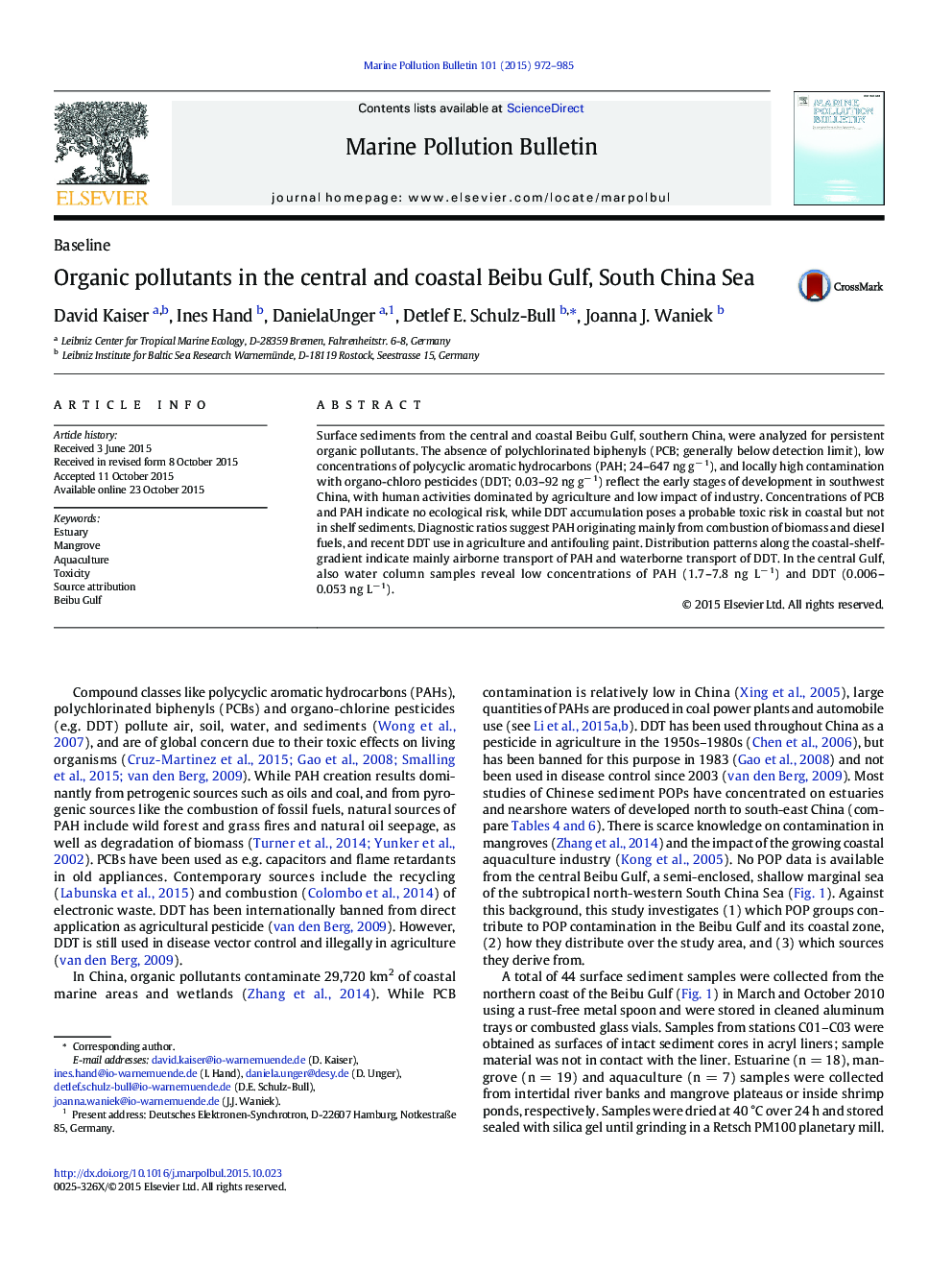 Organic pollutants in the central and coastal Beibu Gulf, South China Sea