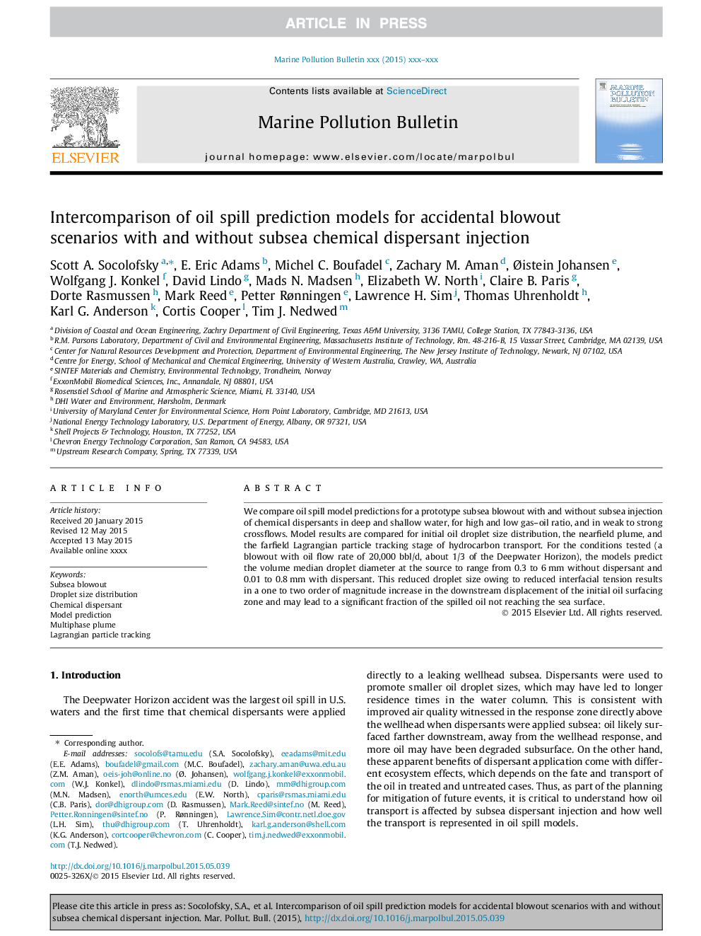 Intercomparison of oil spill prediction models for accidental blowout scenarios with and without subsea chemical dispersant injection