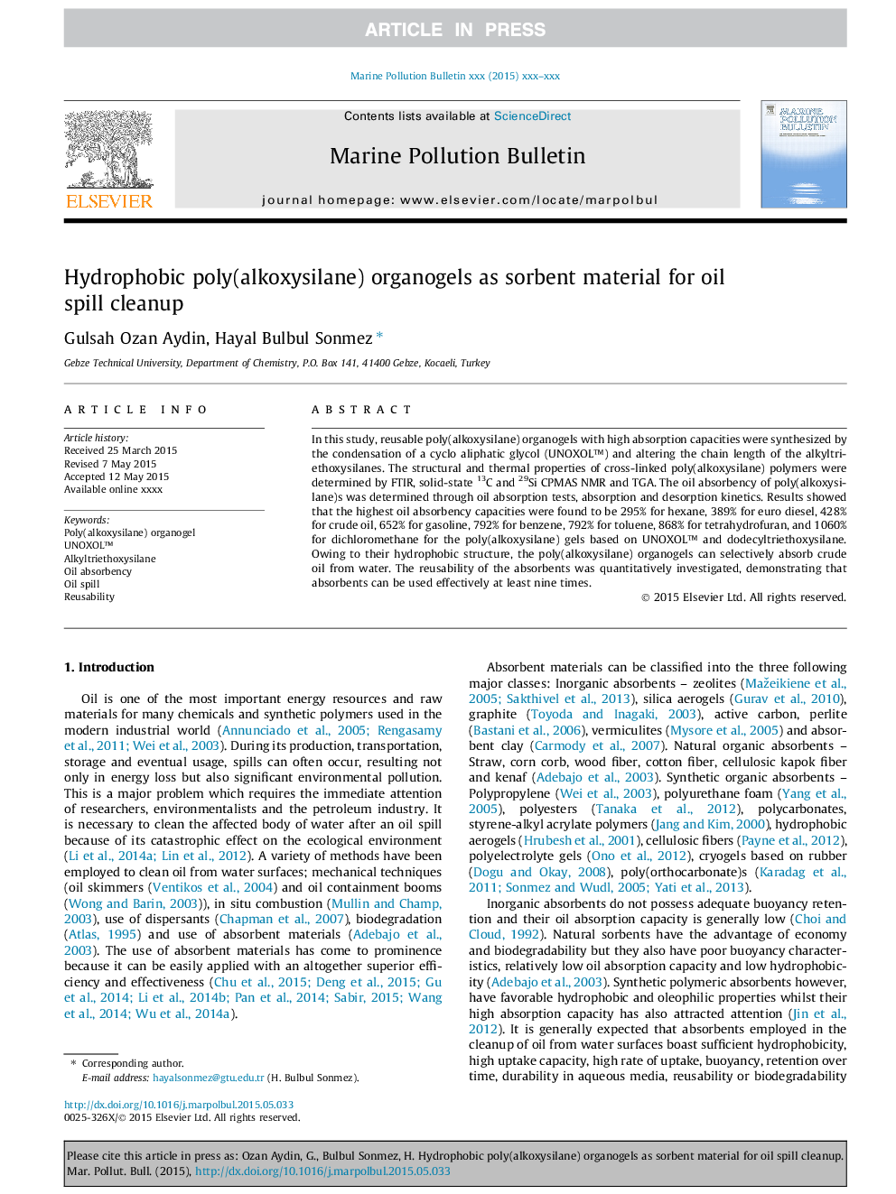 Hydrophobic poly(alkoxysilane) organogels as sorbent material for oil spill cleanup