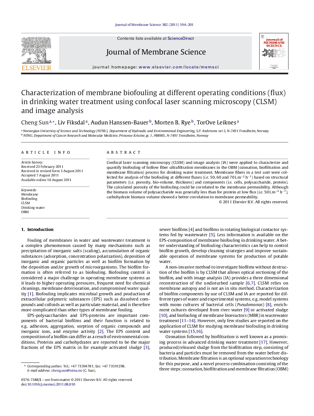 Characterization of membrane biofouling at different operating conditions (flux) in drinking water treatment using confocal laser scanning microscopy (CLSM) and image analysis