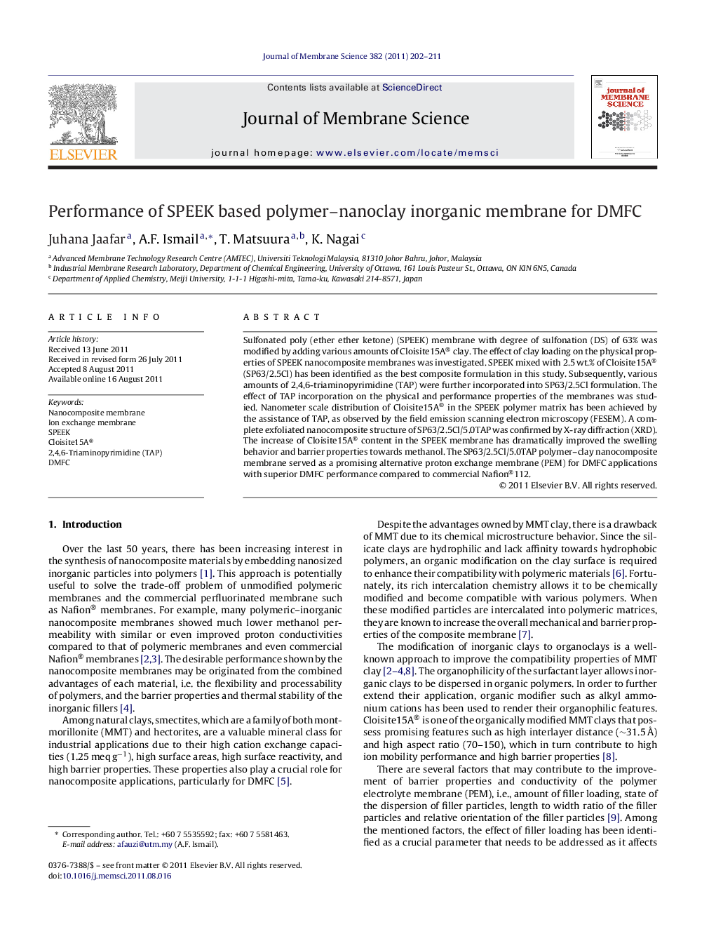 Performance of SPEEK based polymer–nanoclay inorganic membrane for DMFC