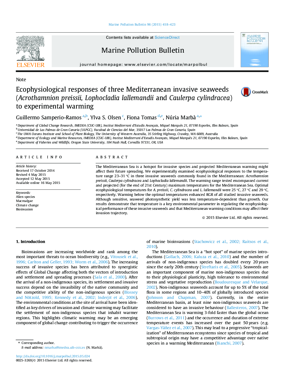 NoteEcophysiological responses of three Mediterranean invasive seaweeds (Acrothamnion preissii, Lophocladia lallemandii and Caulerpa cylindracea) to experimental warming