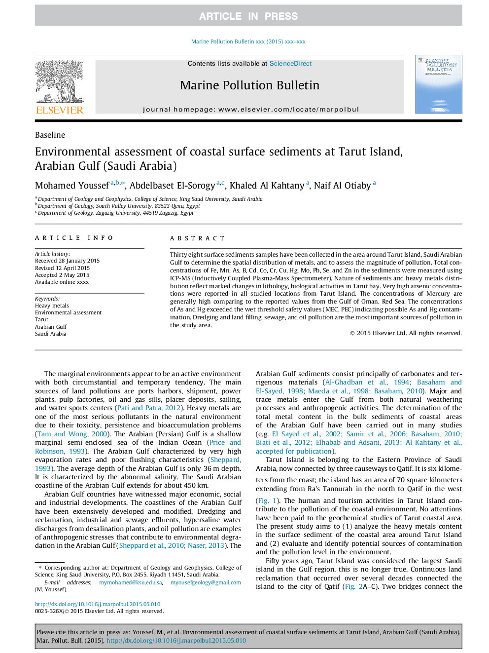 Environmental assessment of coastal surface sediments at Tarut Island, Arabian Gulf (Saudi Arabia)