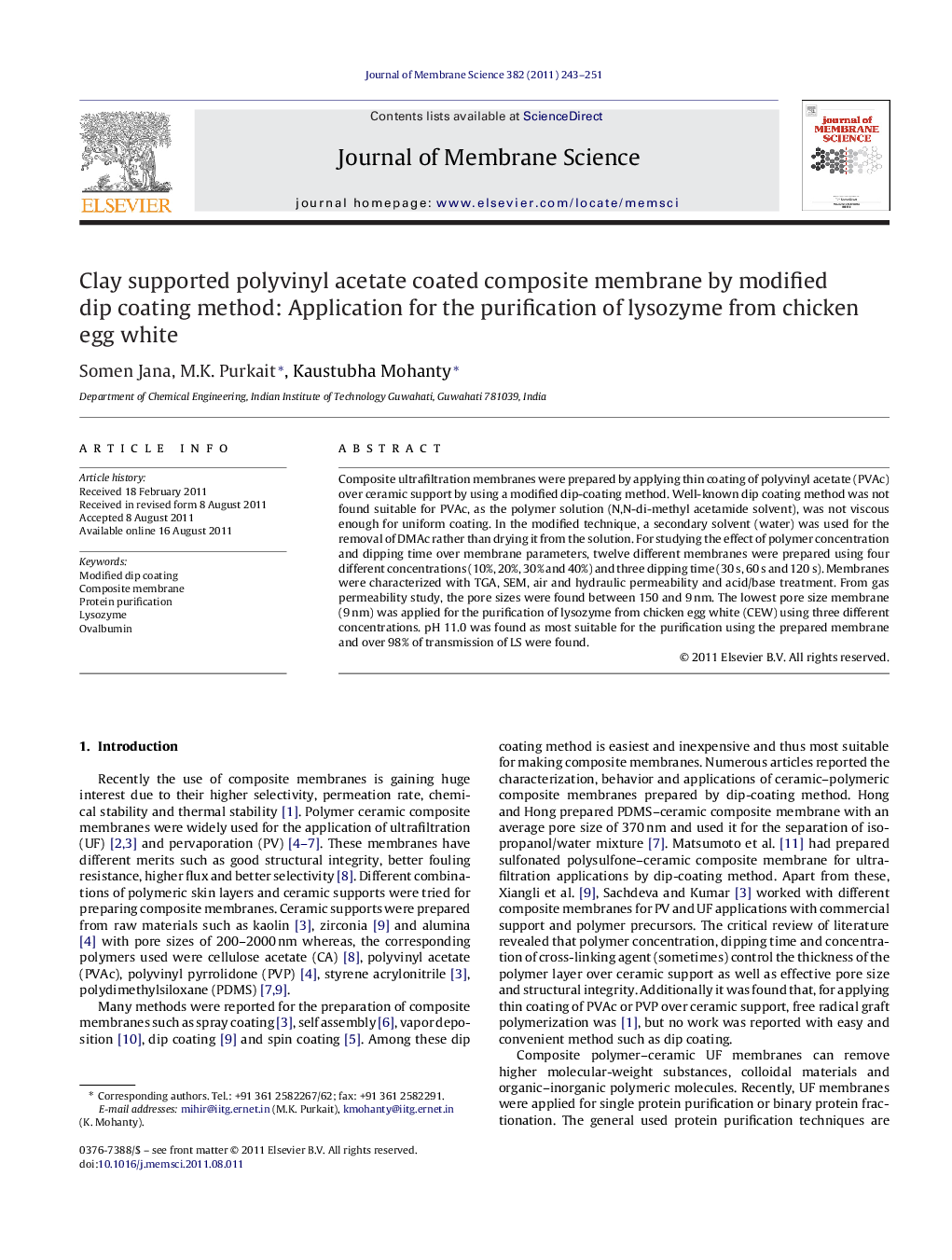 Clay supported polyvinyl acetate coated composite membrane by modified dip coating method: Application for the purification of lysozyme from chicken egg white