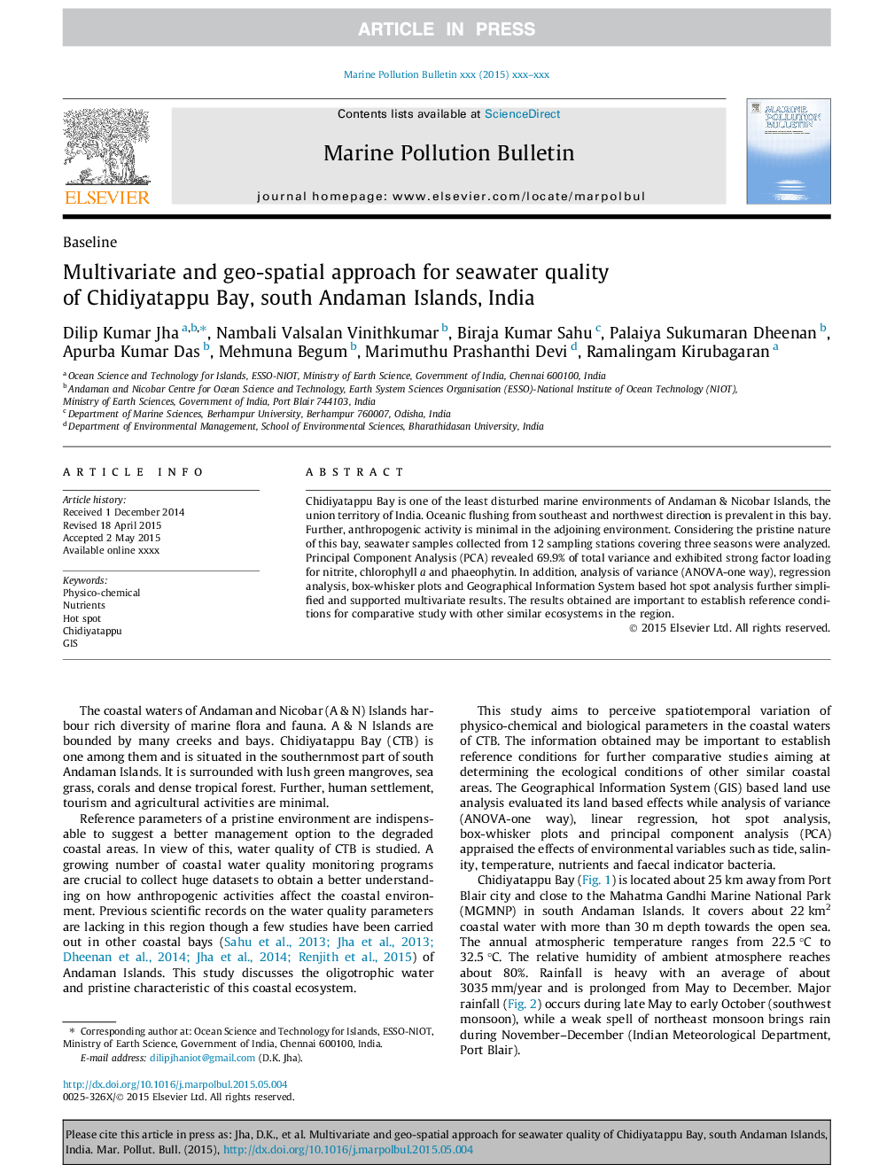 Multivariate and geo-spatial approach for seawater quality of Chidiyatappu Bay, south Andaman Islands, India