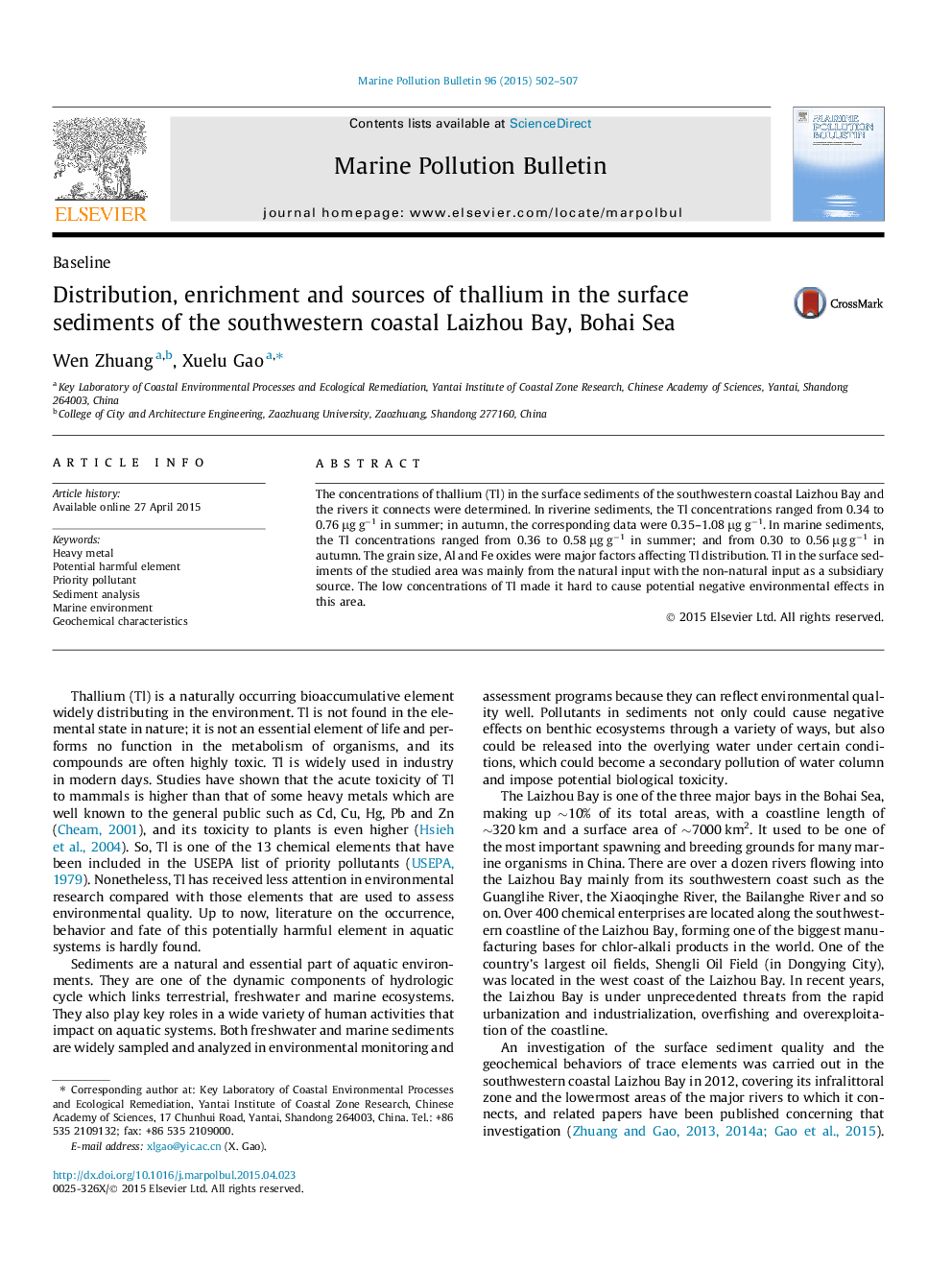 Distribution, enrichment and sources of thallium in the surface sediments of the southwestern coastal Laizhou Bay, Bohai Sea