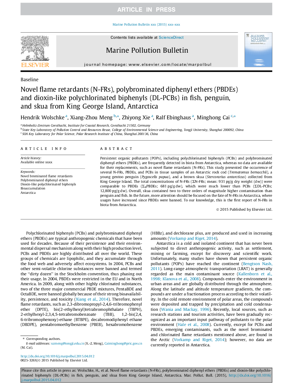 Novel flame retardants (N-FRs), polybrominated diphenyl ethers (PBDEs) and dioxin-like polychlorinated biphenyls (DL-PCBs) in fish, penguin, and skua from King George Island, Antarctica