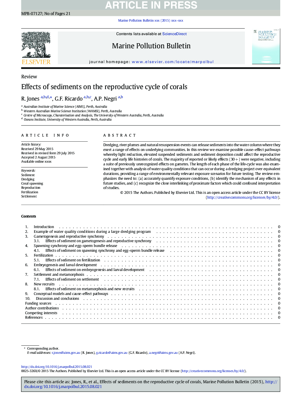 Effects of sediments on the reproductive cycle of corals