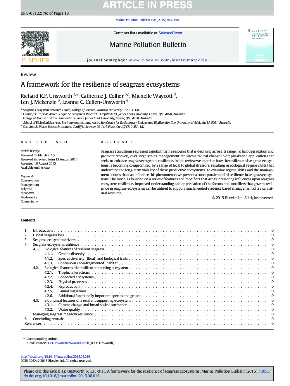 A framework for the resilience of seagrass ecosystems