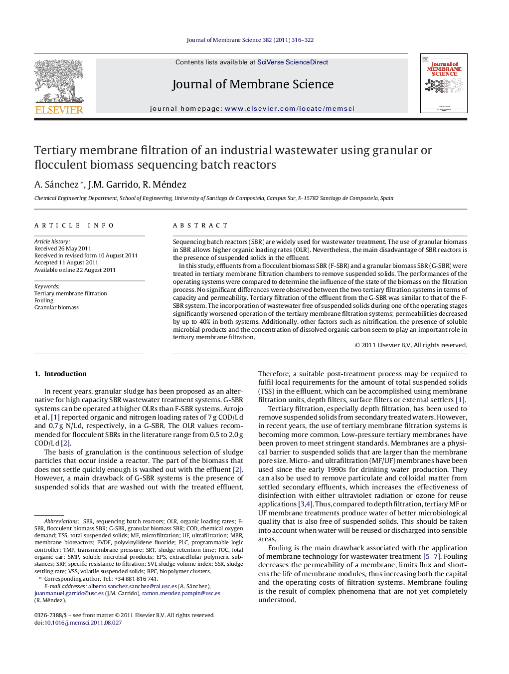 Tertiary membrane filtration of an industrial wastewater using granular or flocculent biomass sequencing batch reactors